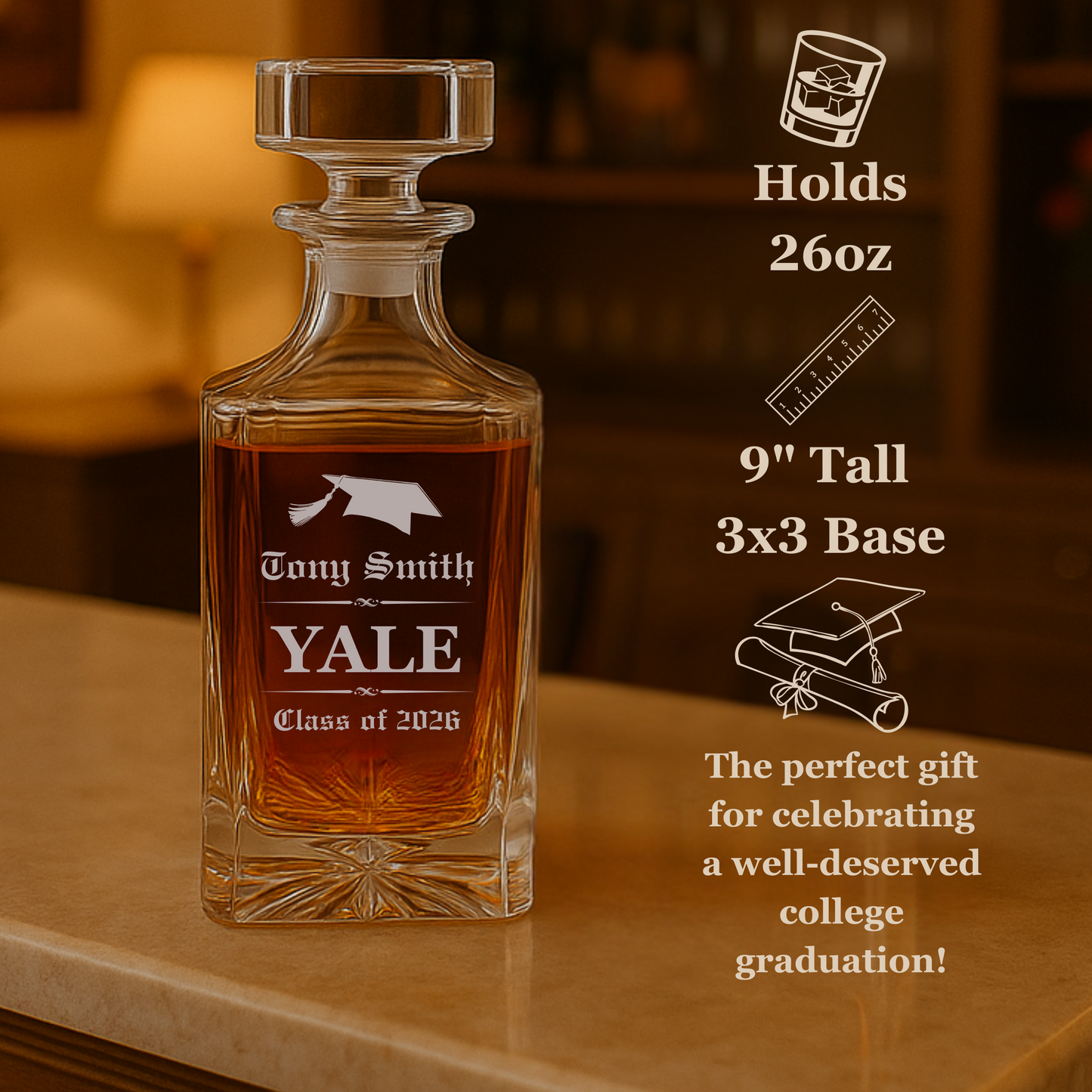 Personalized college graduation decanter with name, school, year, and message engraving