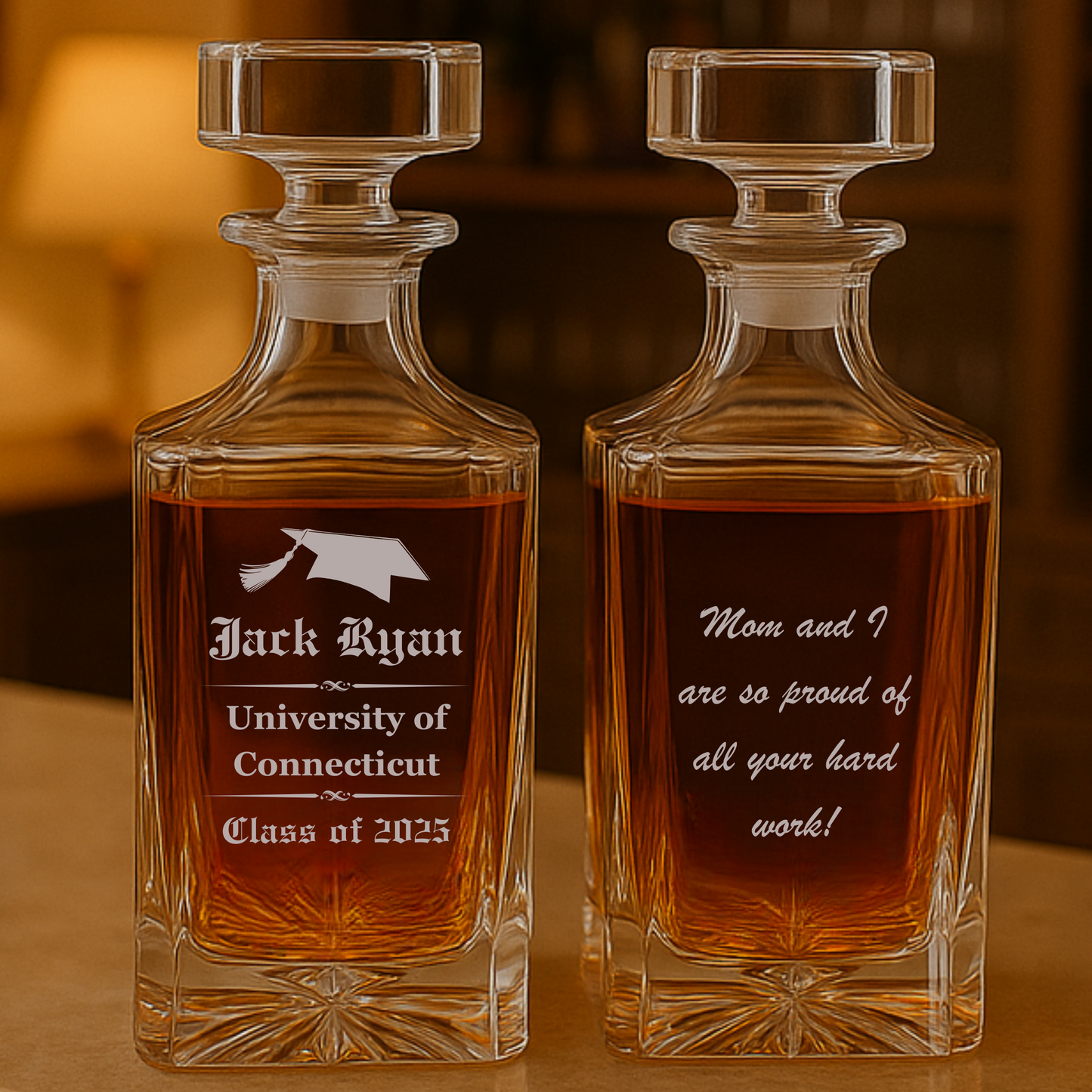 Personalized college graduation decanter with name, school, year, and message engraving
