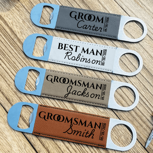 Four personalized bottle openers with names on a wooden surface