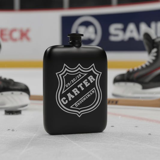 Black flask with 'Carter' and 'Brookway' branding on an ice hockey rink background.