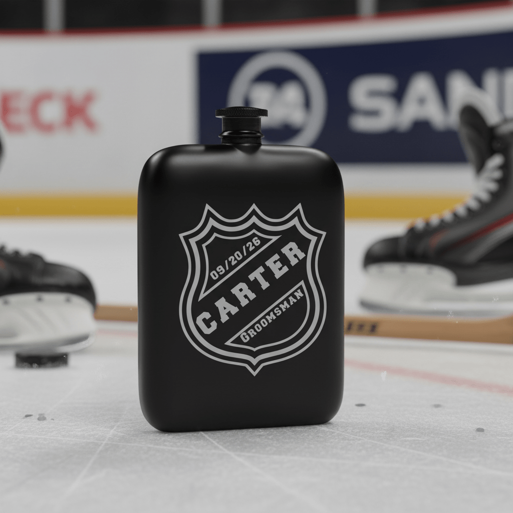 Black flask with 'Carter' and 'Brookway' branding on an ice hockey rink background.