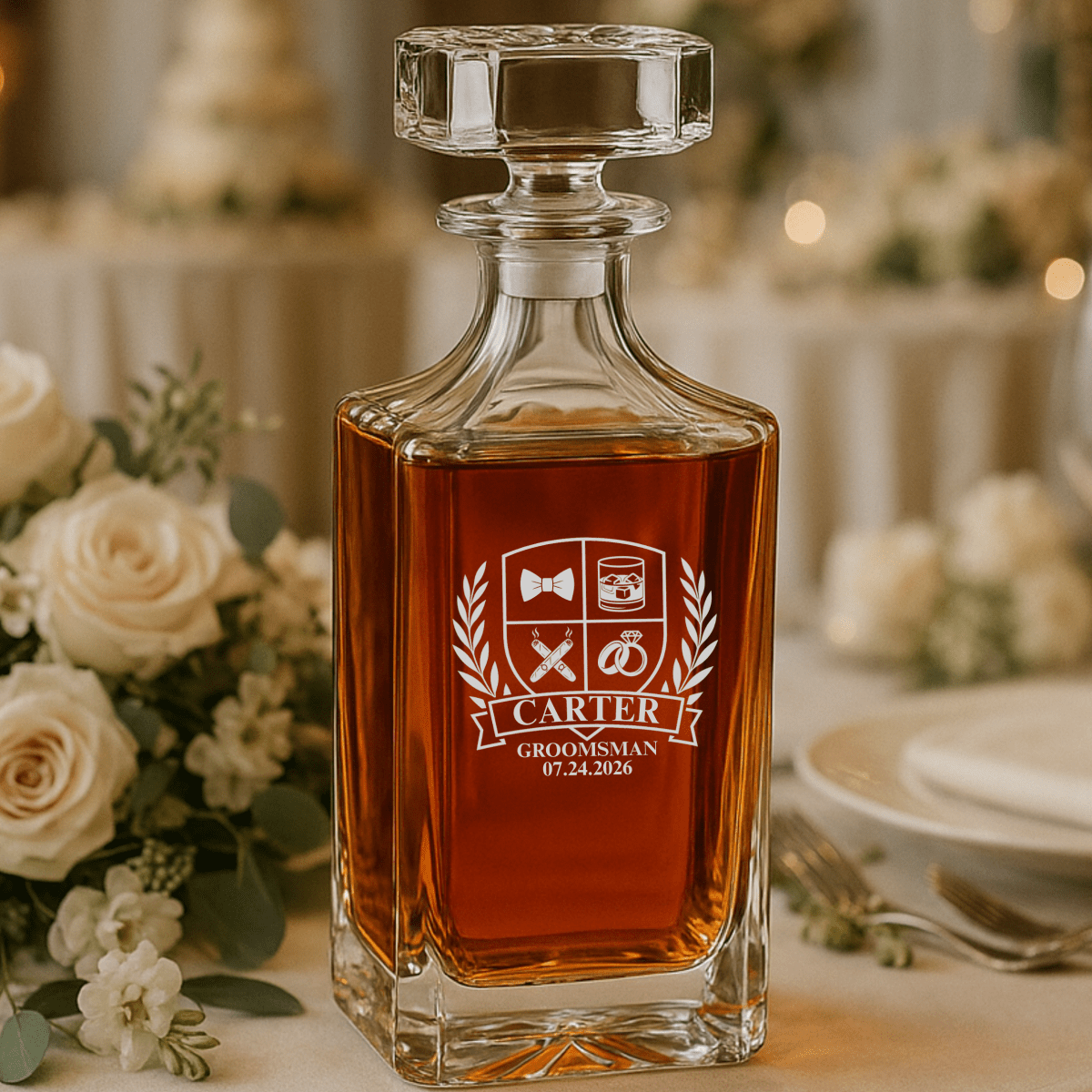 Wedding Party Crest Whiskey Decanter - Groomsmen Proposal - GroomsDay