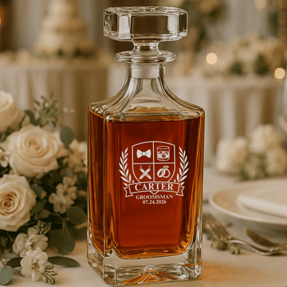 Wedding Party Crest Whiskey Decanter - Groomsmen Proposal - GroomsDay