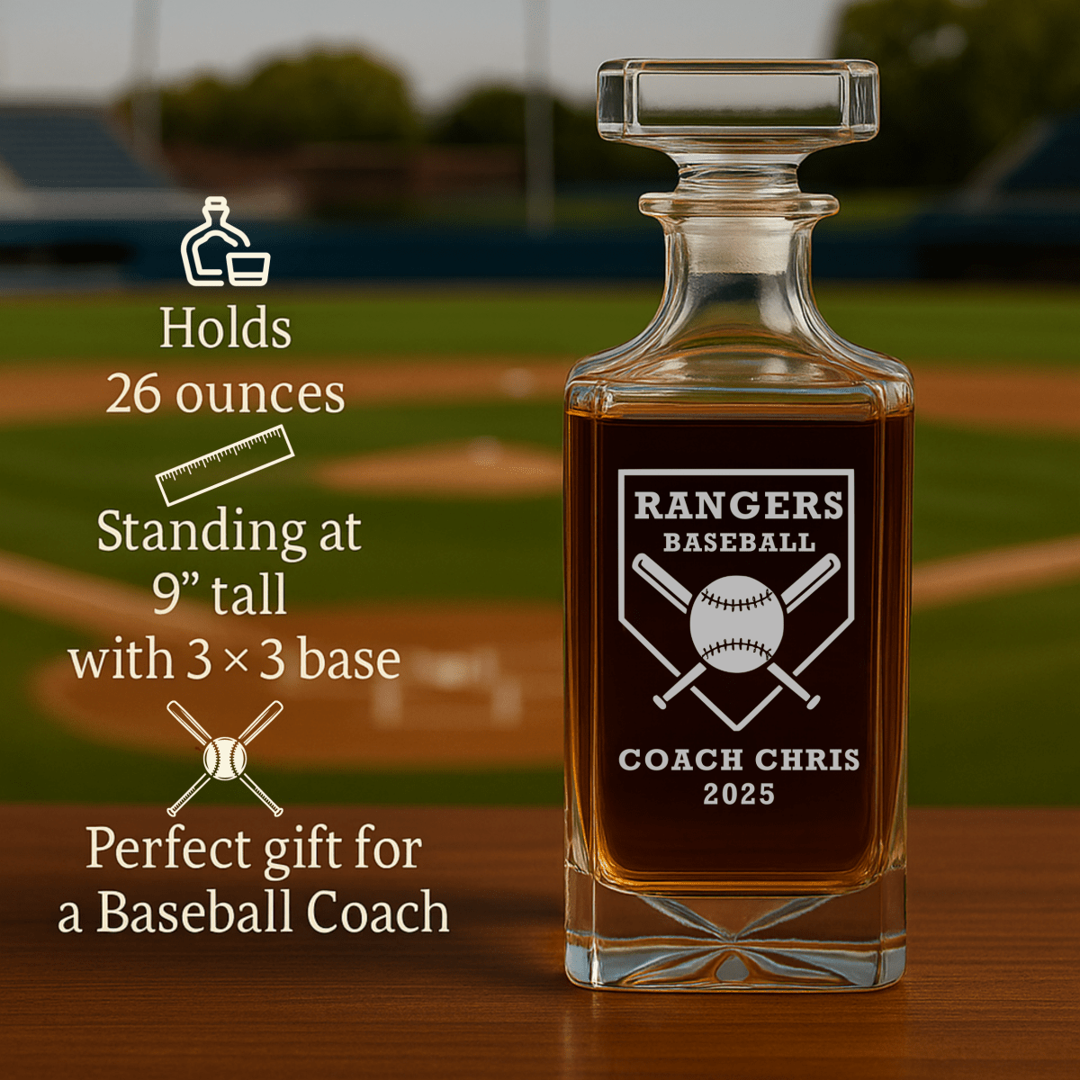 Personalized baseball coach whiskey decanter with engraved team name and coach name