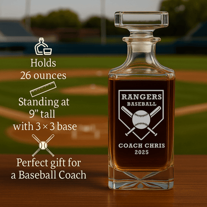 Personalized baseball coach whiskey decanter with engraved team name and coach name