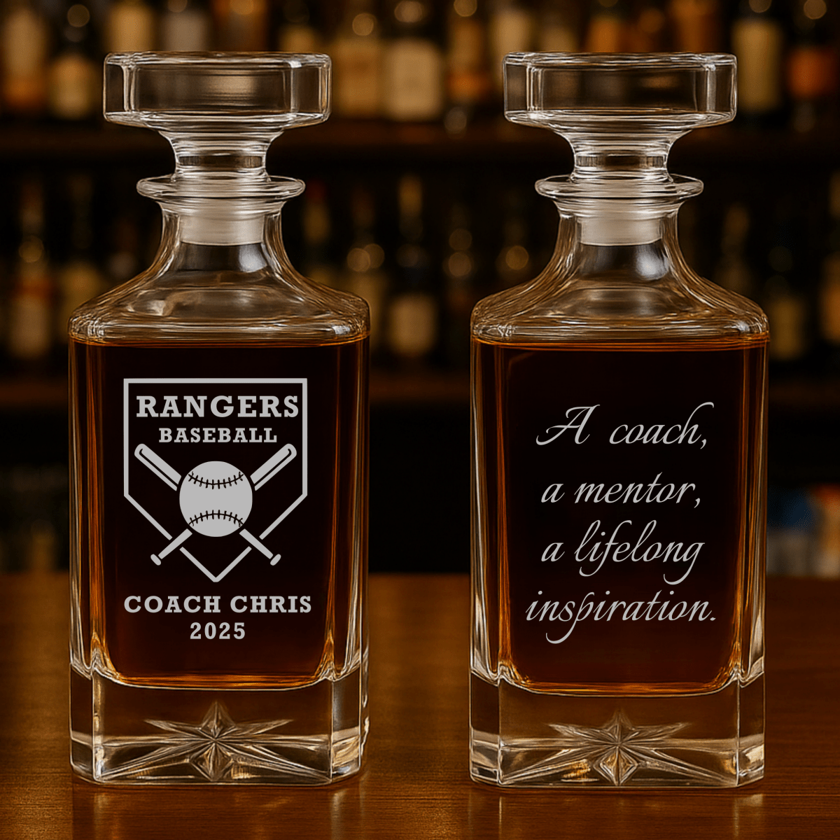 Personalized baseball coach whiskey decanter with engraved team name and coach name