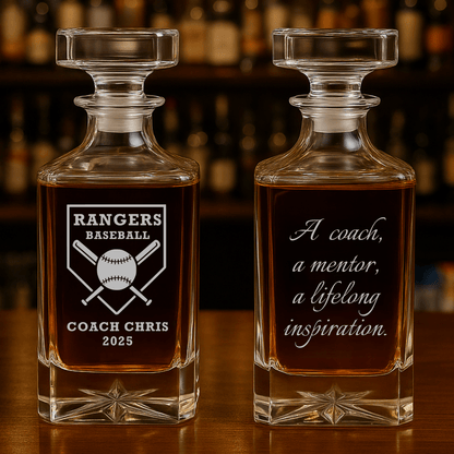Personalized baseball coach whiskey decanter with engraved team name and coach name