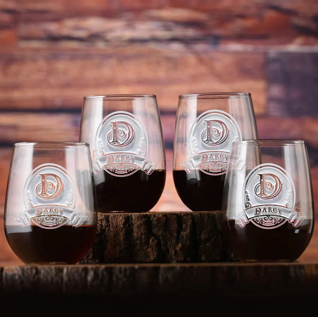 Etched Stemless Wine Glasses Set of 4 - Drinkware - GroomsDay