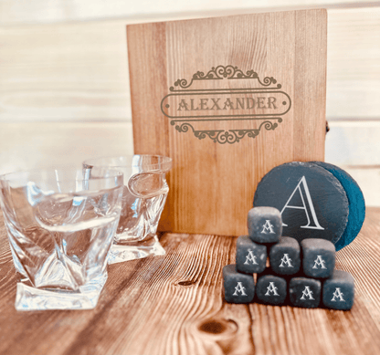 Elegant Personalized Whiskey Glass and Stones Set - Gift Set - GroomsDay