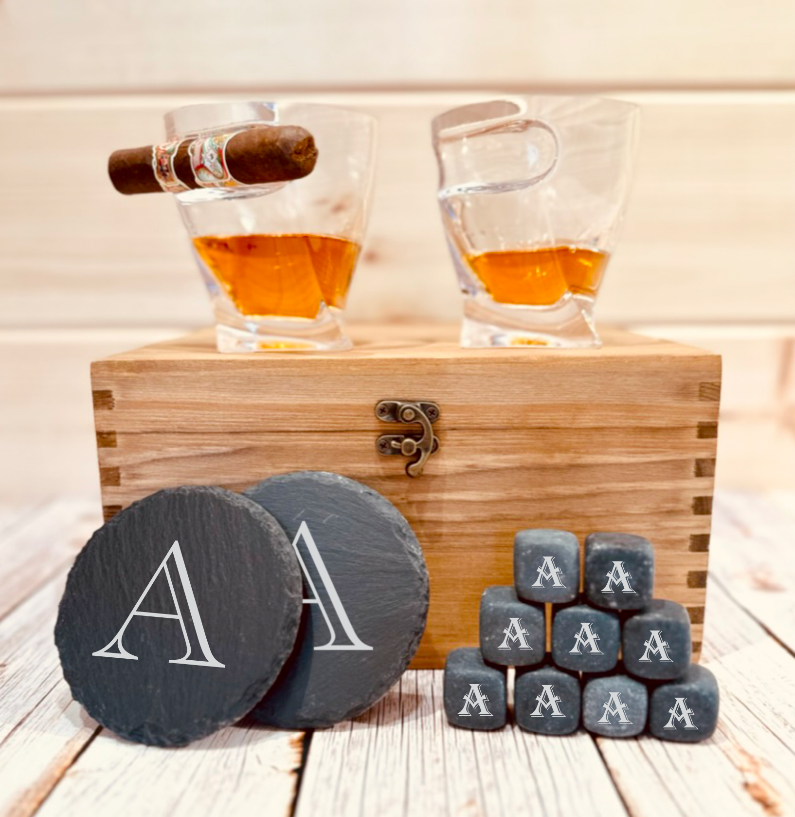 Elegant Personalized Whiskey Glass and Stones Set