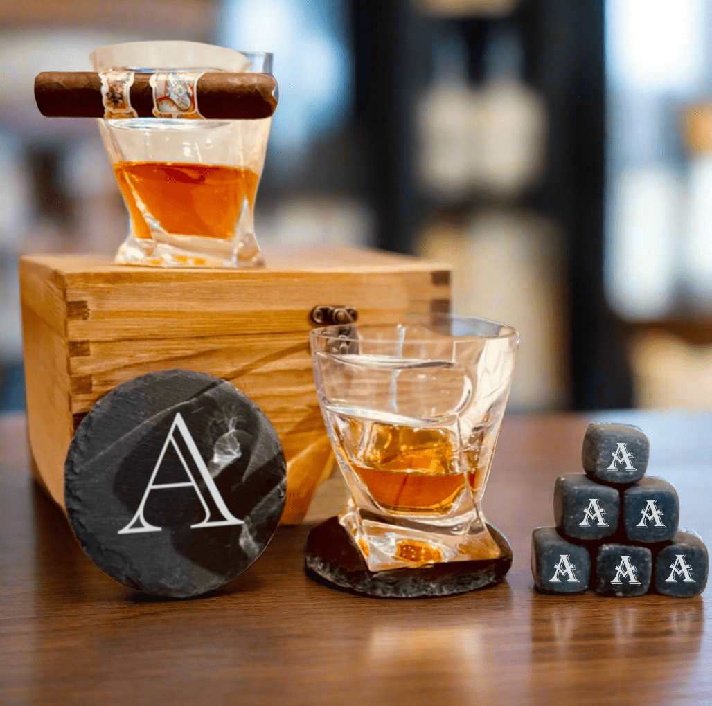 Elegant Personalized Whiskey Glass and Stones Set - Gift Set - GroomsDay