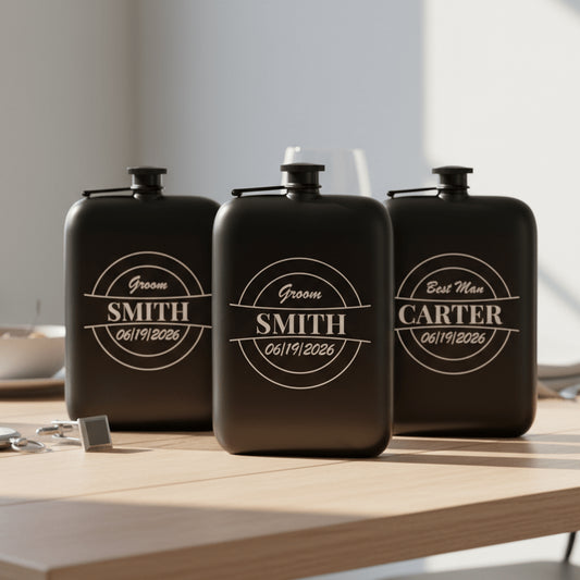 Three black flasks with engraved names on a wooden table.