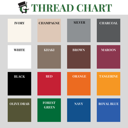 Thread color chart displaying 16 available options including ivory, champagne, silver, charcoal, white, khaki, brown, maroon, black, red, orange, tangerine, olive drab, forest green, navy, and royal blue
