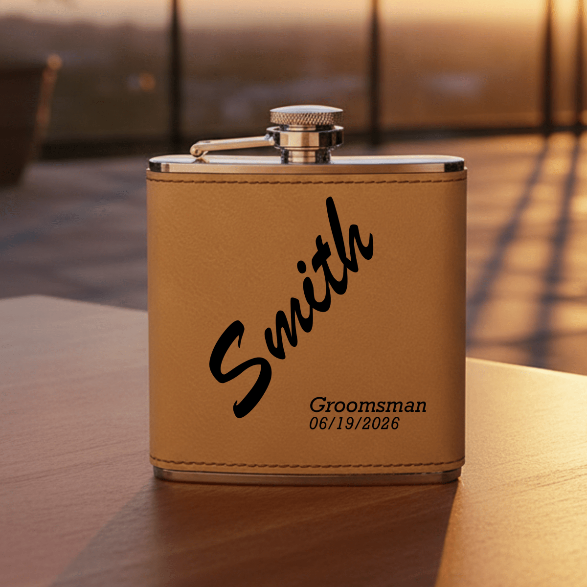 Brown leather flask with 'Smith' and 'Groomsman' engraving on a wooden surface.