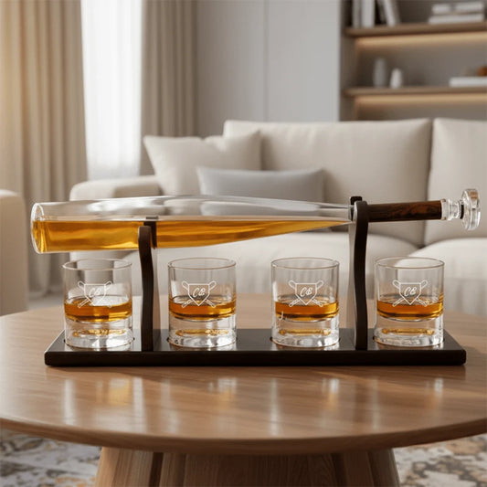 Engraved decanter set with baseball bat handle and four matching rocks glasses filled with whiskey, displayed on wooden table with neutral interior background