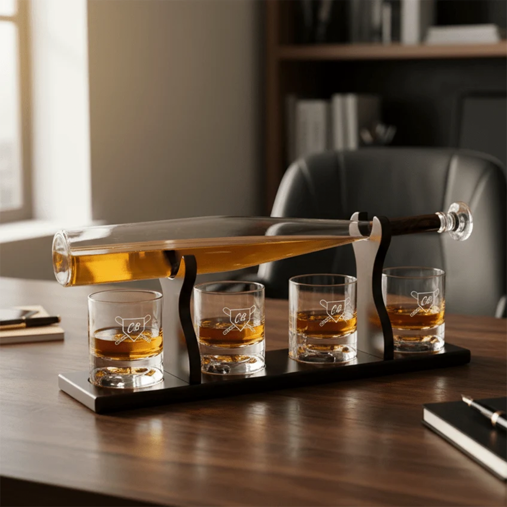 Baseball bat decanter set with four engraved whiskey glasses on black wooden base, filled with amber liquid and displayed on desk
