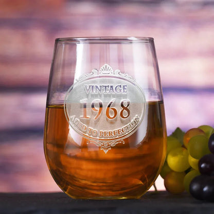 Engraved Vintage Year Stemless Wine Glass - Drinkware - GroomsDay