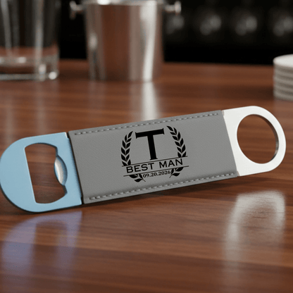 Personalized bottle opener with 'Best Man' engraving on a wooden surface