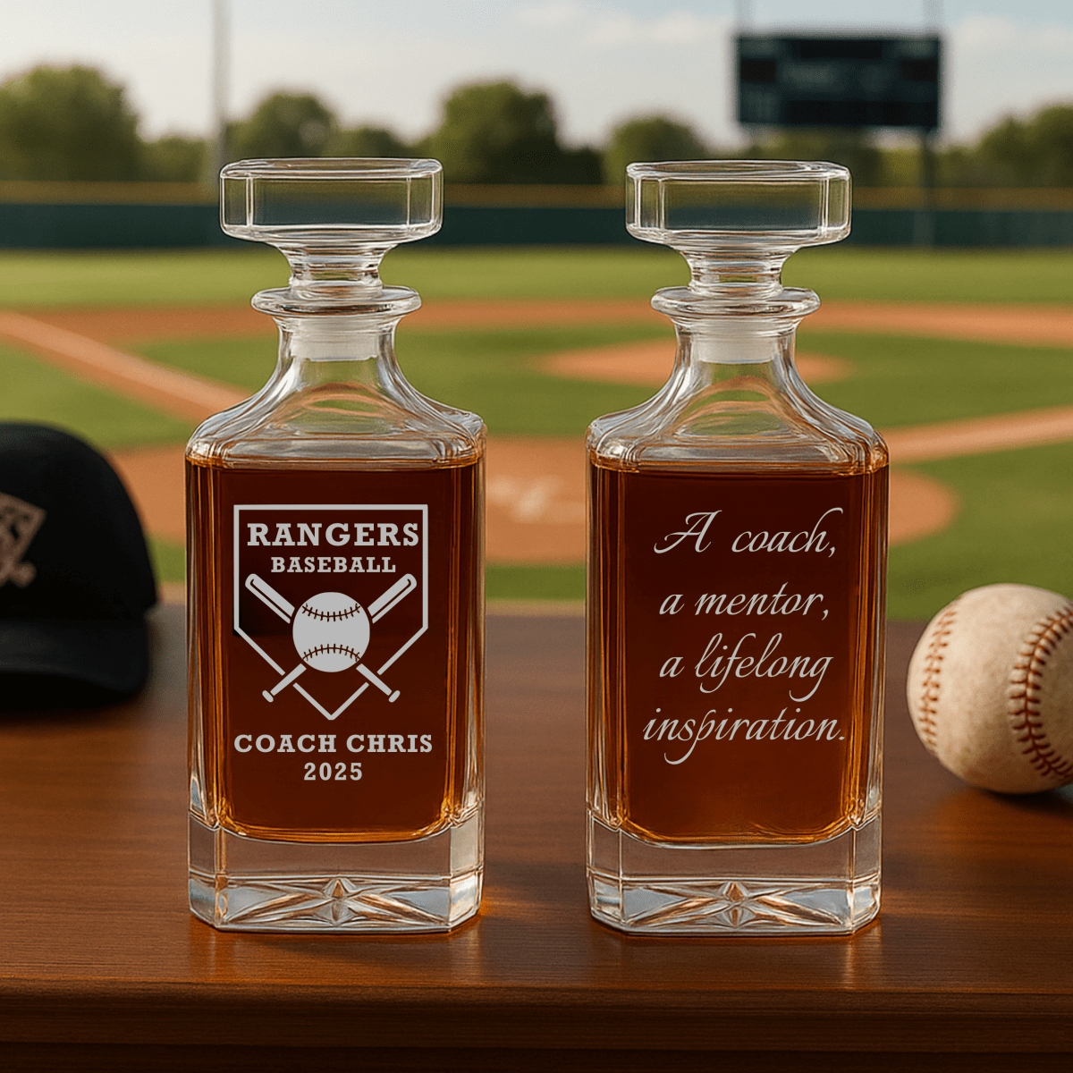 Personalized baseball coach whiskey decanter with engraved team name and coach name