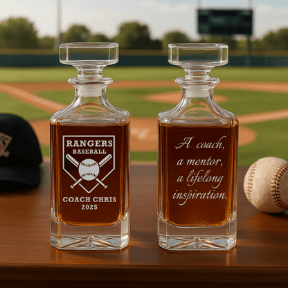 Personalized baseball coach whiskey decanter with engraved team name and coach name