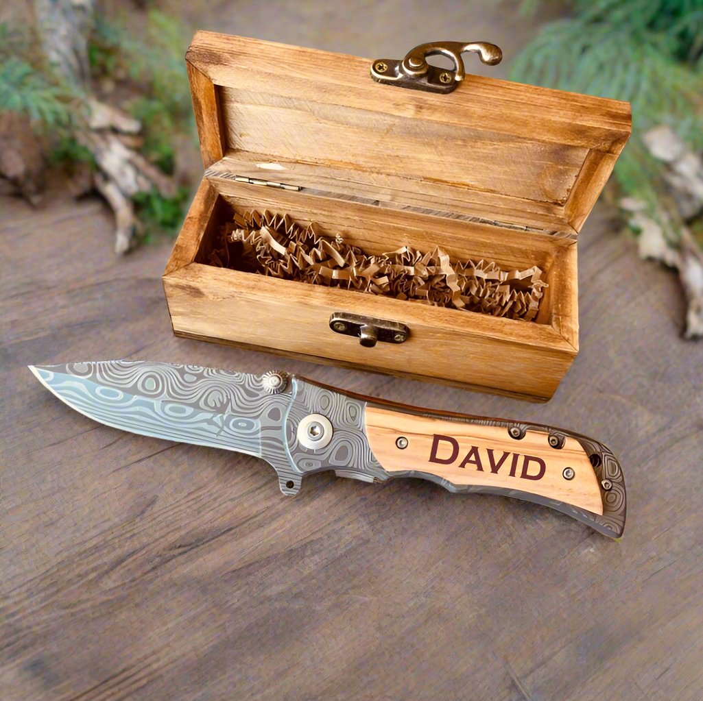 Personalized Knife in Custom Box - Folding Damascus Pattern Knife with Wood Handle