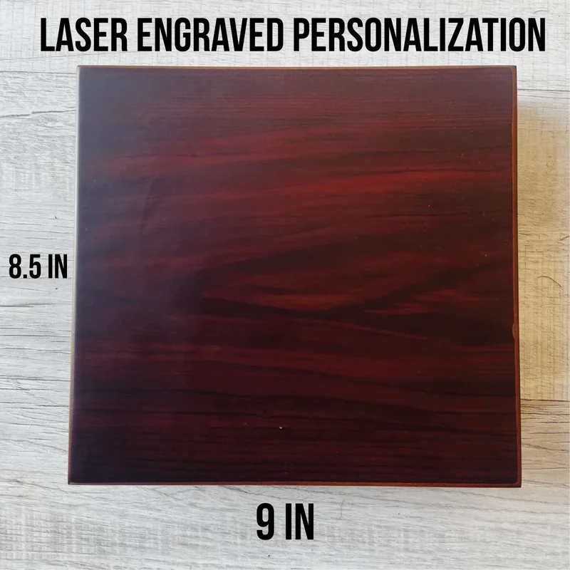 Dark rosewood plaque with dimensions marked at 8.5 inches tall by 9 inches wide, showing surface ready for laser engraving