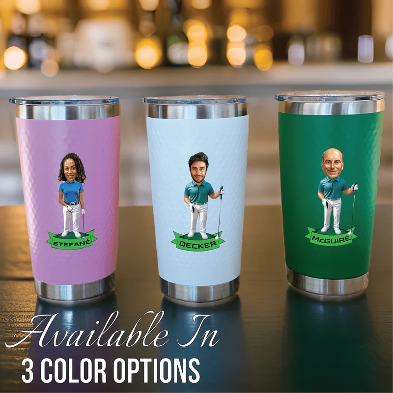 Three insulated tumblers with stainless steel trim in pink, light blue, and green, each featuring a sample golf-themed caricature and personalized name banner.