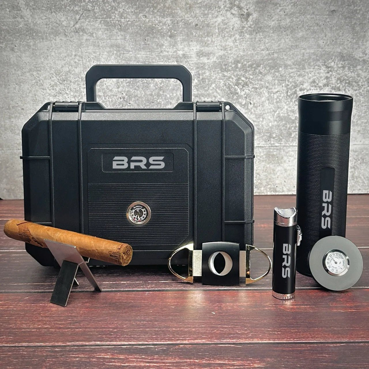 Prestige Cigar Set - Travel Humidor, Cutter, Stand, and Lighter