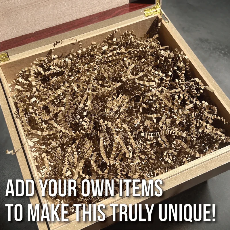 Wooden keepsake box with hinged lid lined with gold crinkle-cut shredding material, ready for item insertion