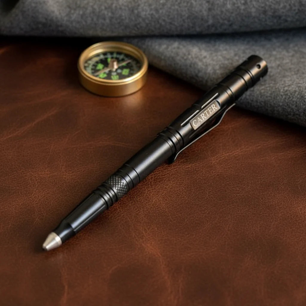Tactical pen with compass on a leather surface