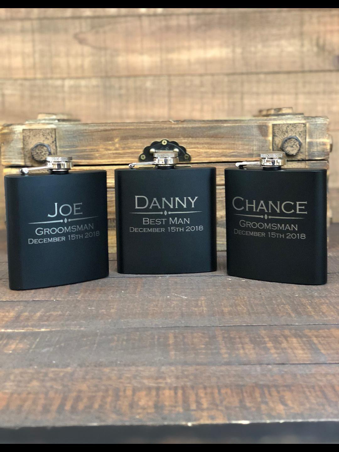 3 authentic Monogrammed Groomsmen Flasks, Custom Groomsmen Gift, Best Man Gift, Wedding Gift Ideas, Engraved Black Flask, 6oz Stainless Steel Flask