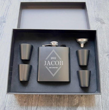 Personalized Matte black flask with steel shot glasses in box set