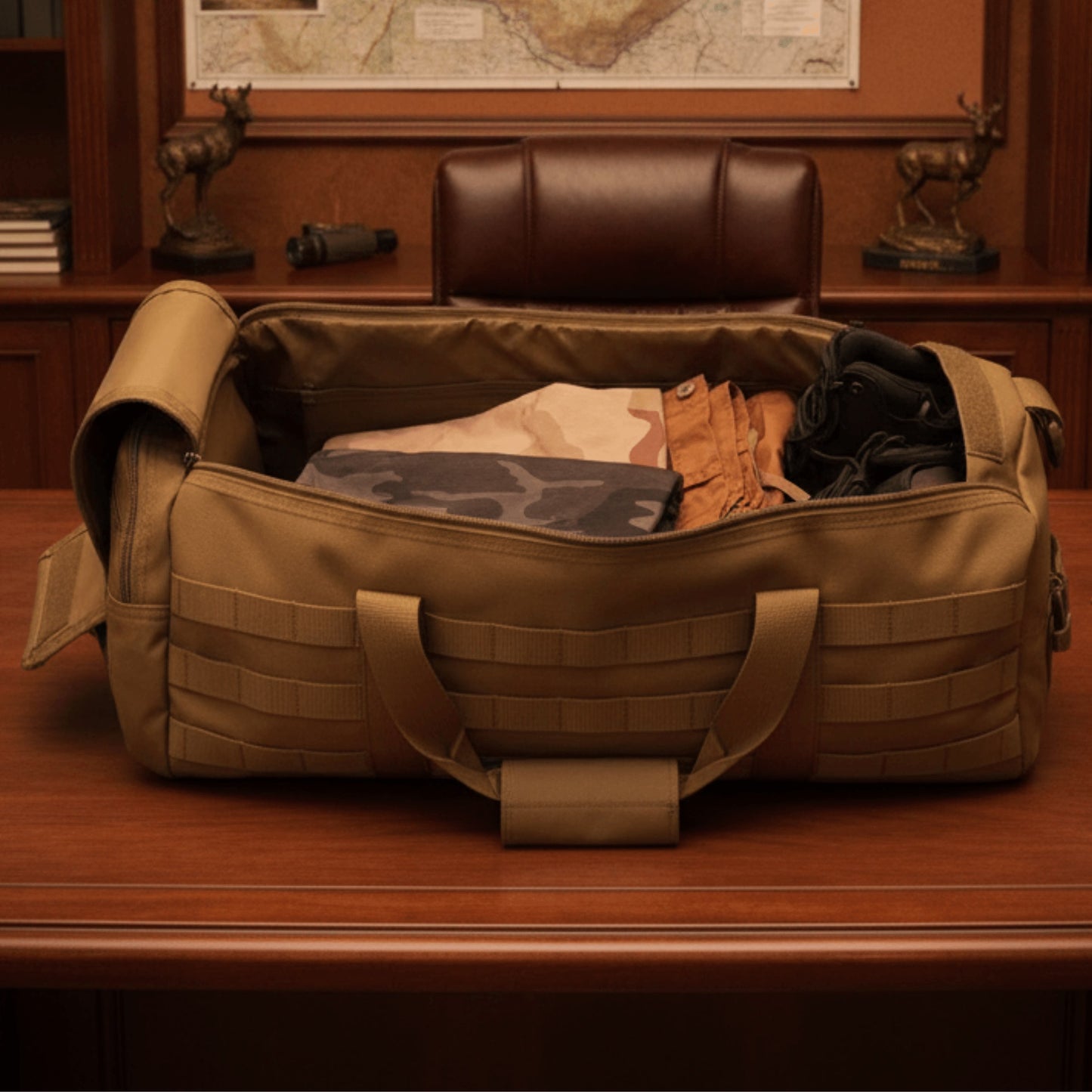 Tan canvas duffle bag with handles open on a wooden desk, displaying interior compartments filled with clothing and accessories in a traditional office setting.