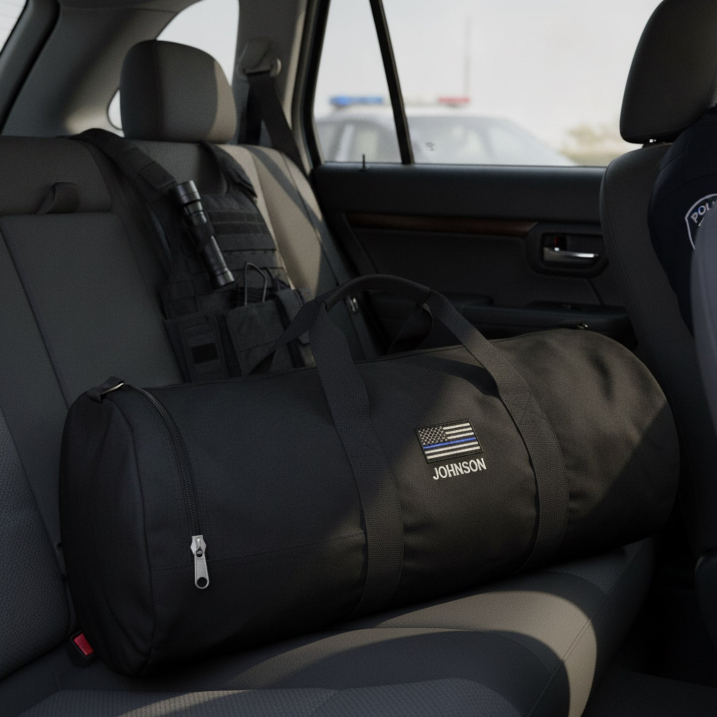 Black duffle bag with "JOHNSON" and Thin Blue Line flag embroidered on side, placed on vehicle back seat