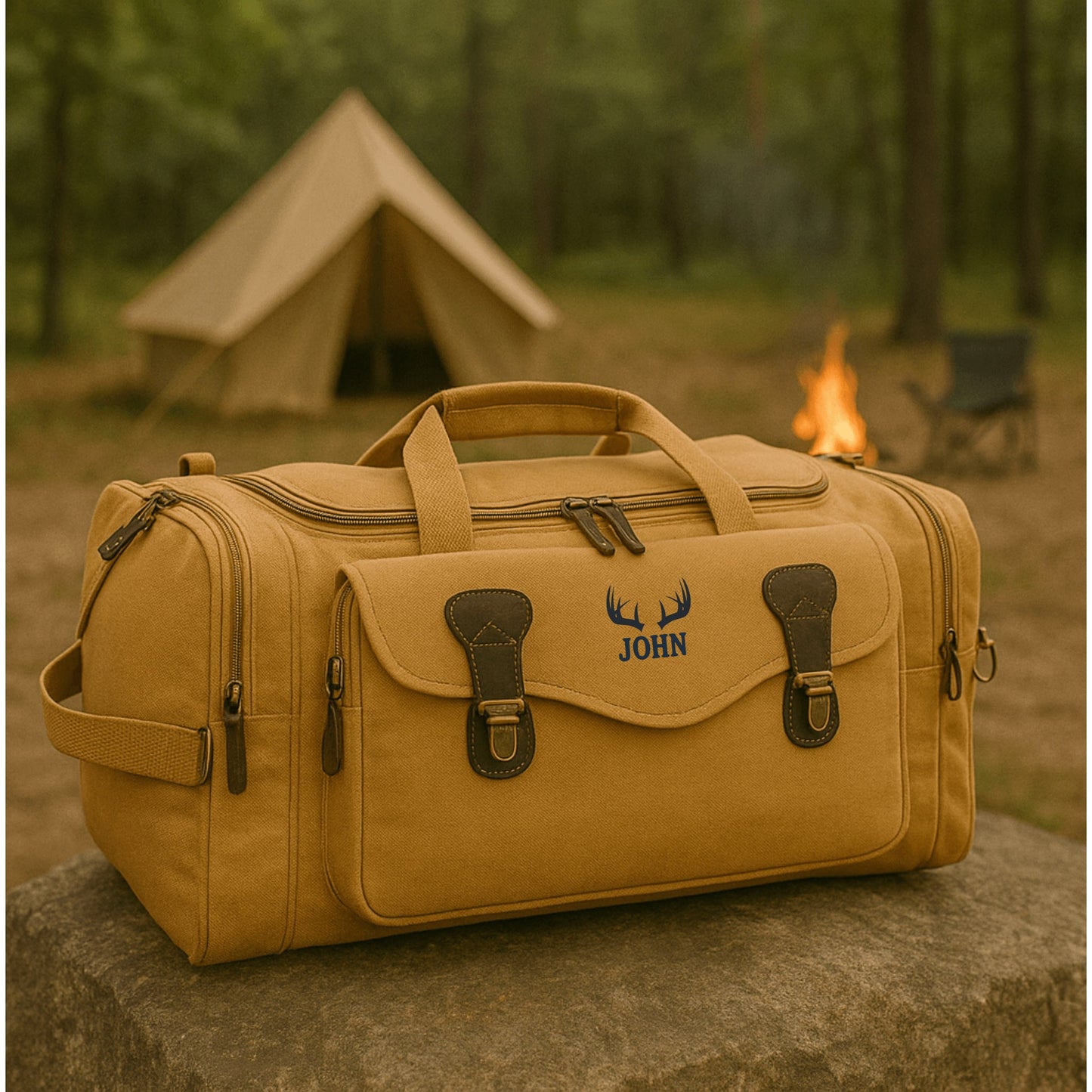 Khaki canvas duffle bag with personalized embroidered antler motif and sample name "JOHN" displayed in outdoor camping setting with tent and campfire.