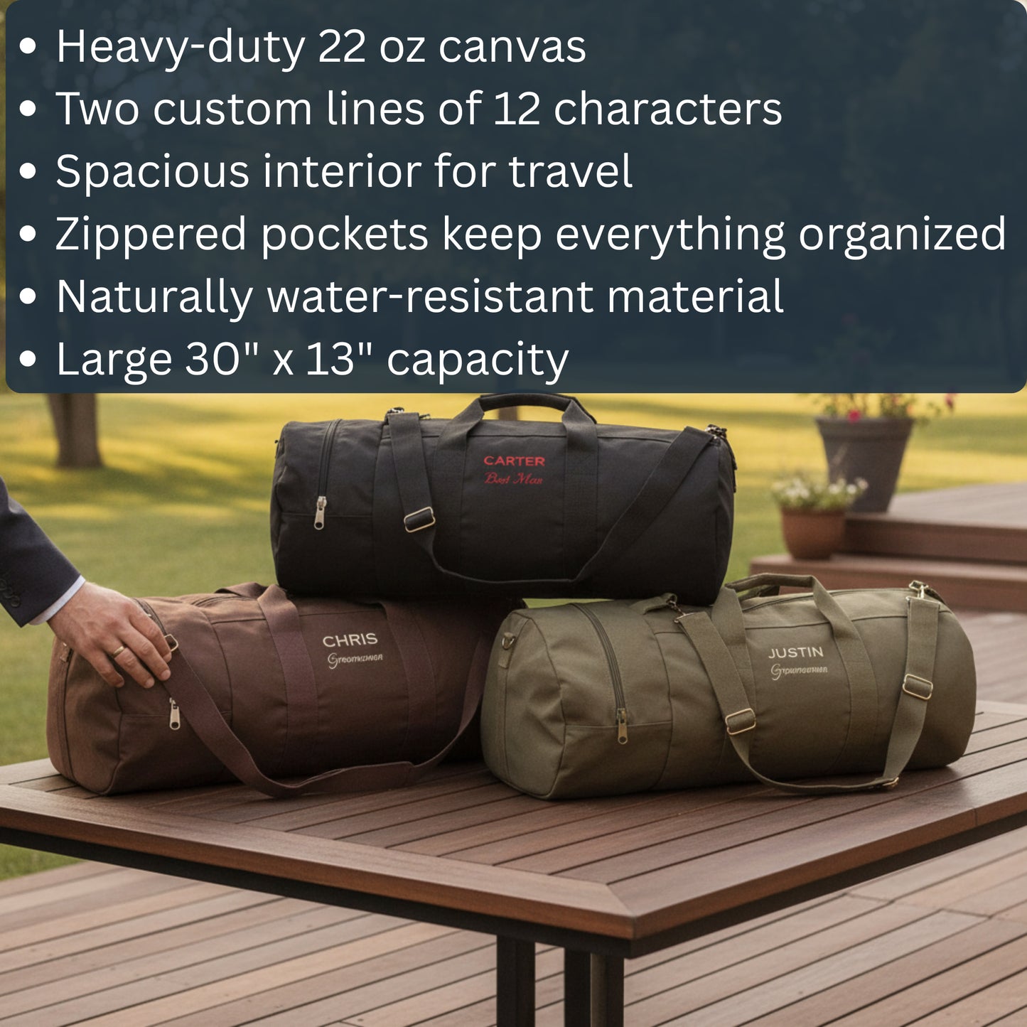 Three personalized canvas duffel bags in black, brown, and tan with sample names embroidered, displayed on outdoor table.
