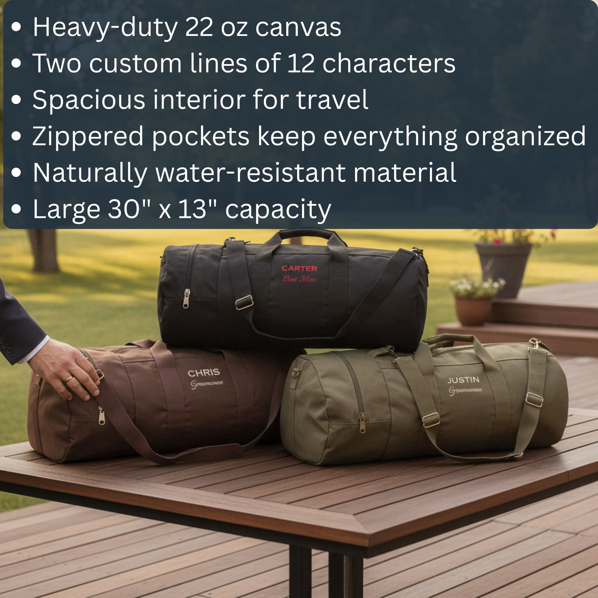 Three personalized canvas duffel bags in black, brown, and tan with sample names embroidered, displayed on outdoor table.