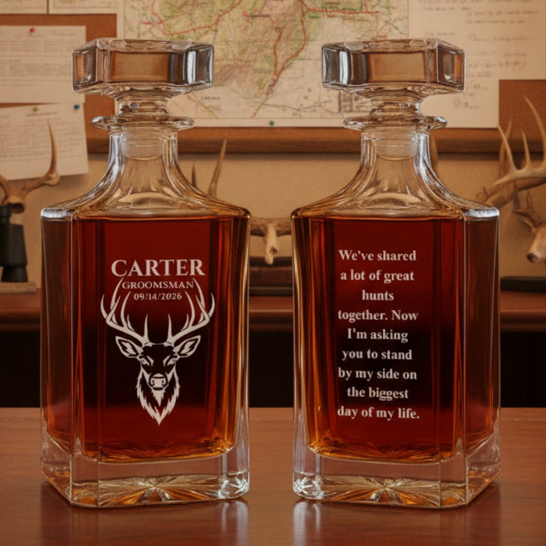 Pair of crystal decanters with sample personalization: deer head design with "CARTER GROOMSMAN 09/14/2026" on one side, and wedding proposal message on the reverse, filled with amber liquid.