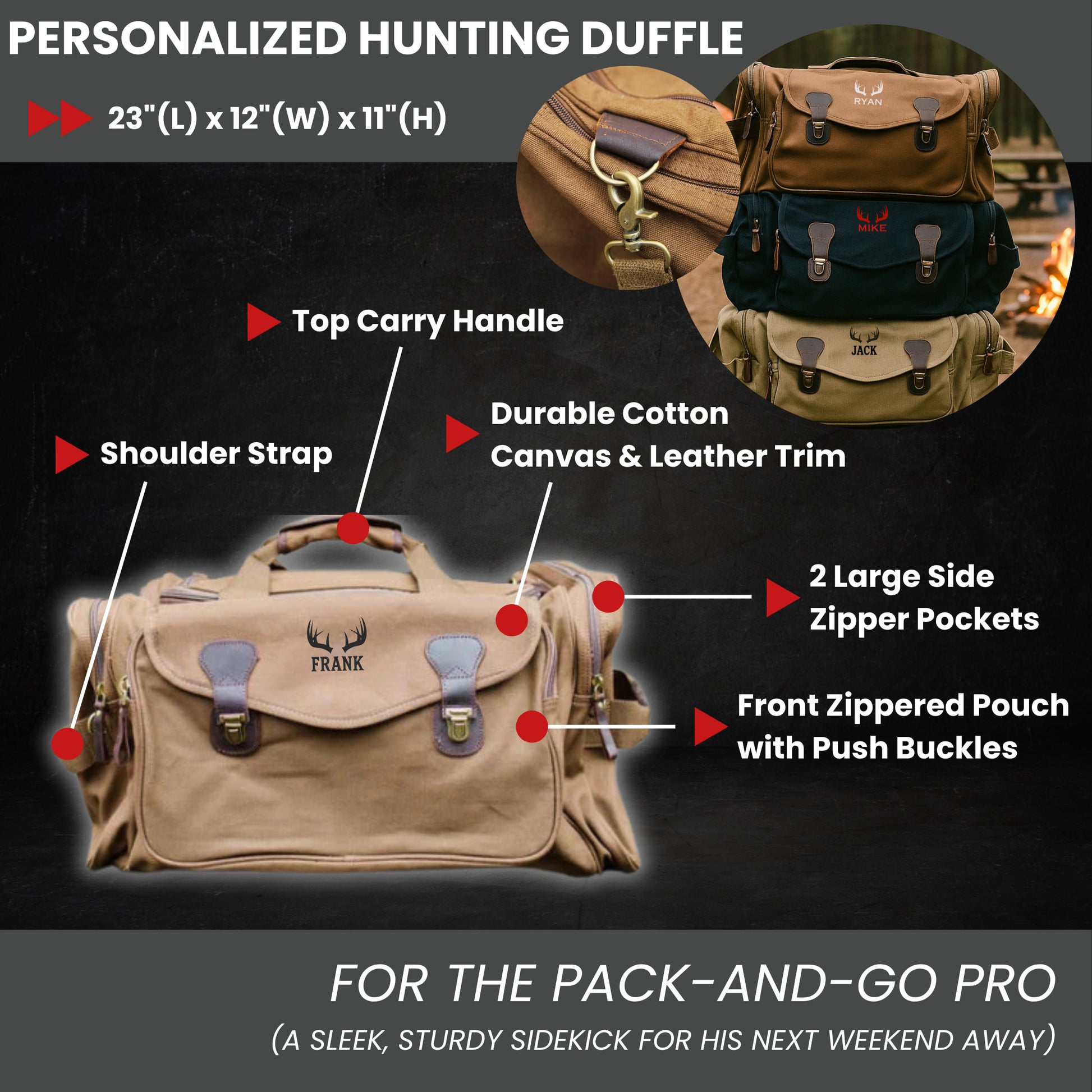 Tan canvas hunting duffle with personalized name "FRANK" embroidered below antler motif, shown with feature callouts highlighting top carry handle, shoulder strap, leather trim, and zippered pockets