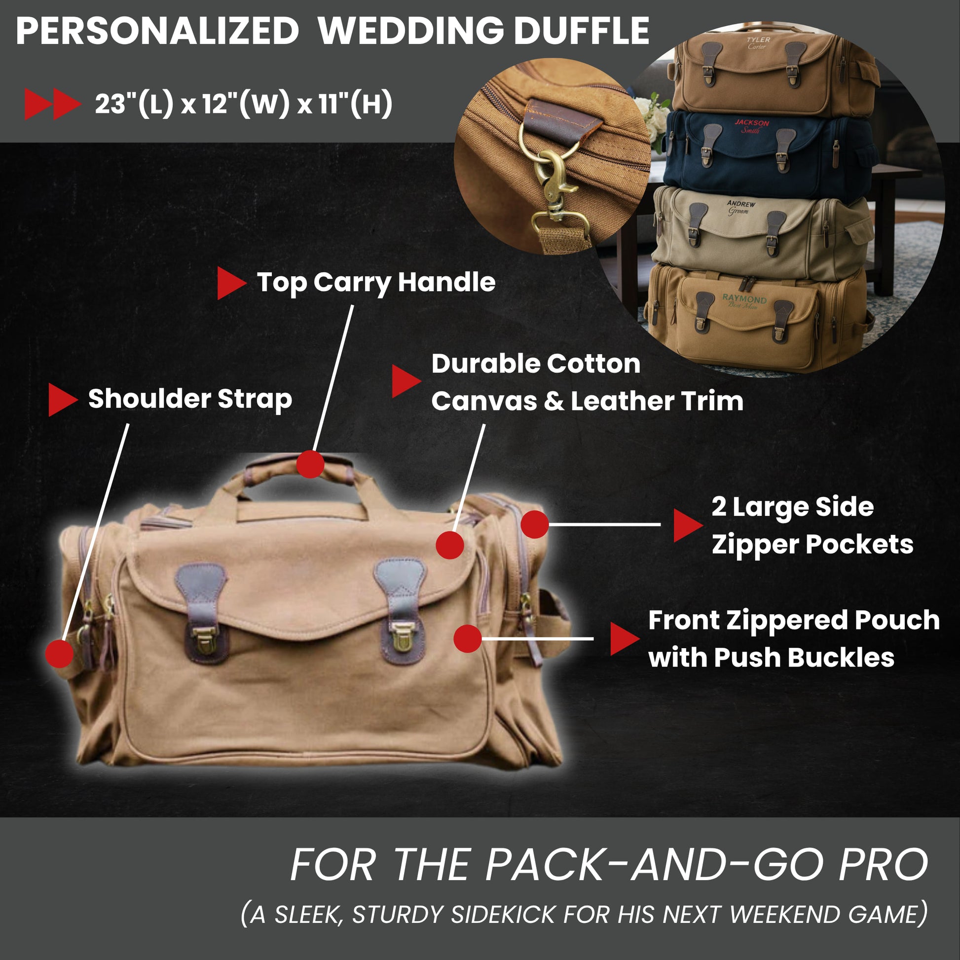 Tan canvas duffel bag with labeled features including top carry handle, shoulder strap, leather trim accents, brass hardware, side zipper pockets, and front zippered pouch; inset shows four color variants stacked together.