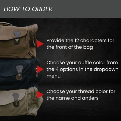 Three canvas duffles in khaki, navy, and tan showing customization options with embroidered names and antler motifs in different thread colors