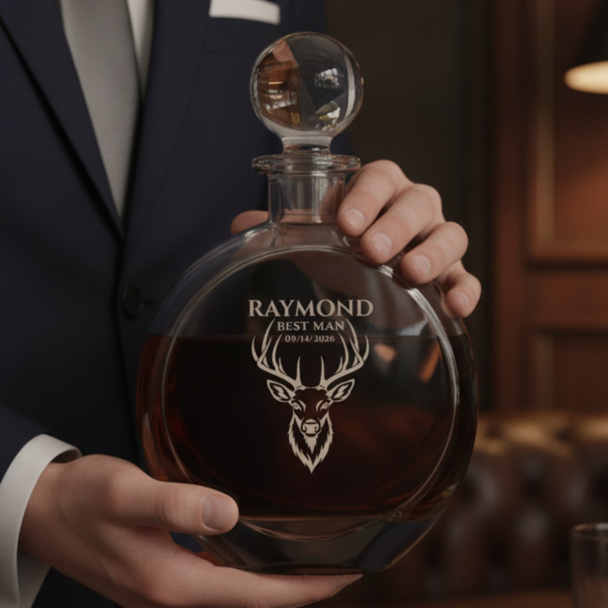 Engraved glass decanter with stag head design and sample personalization showing "RAYMOND BEST MAN 09/14/2026", held by a man in formal attire.