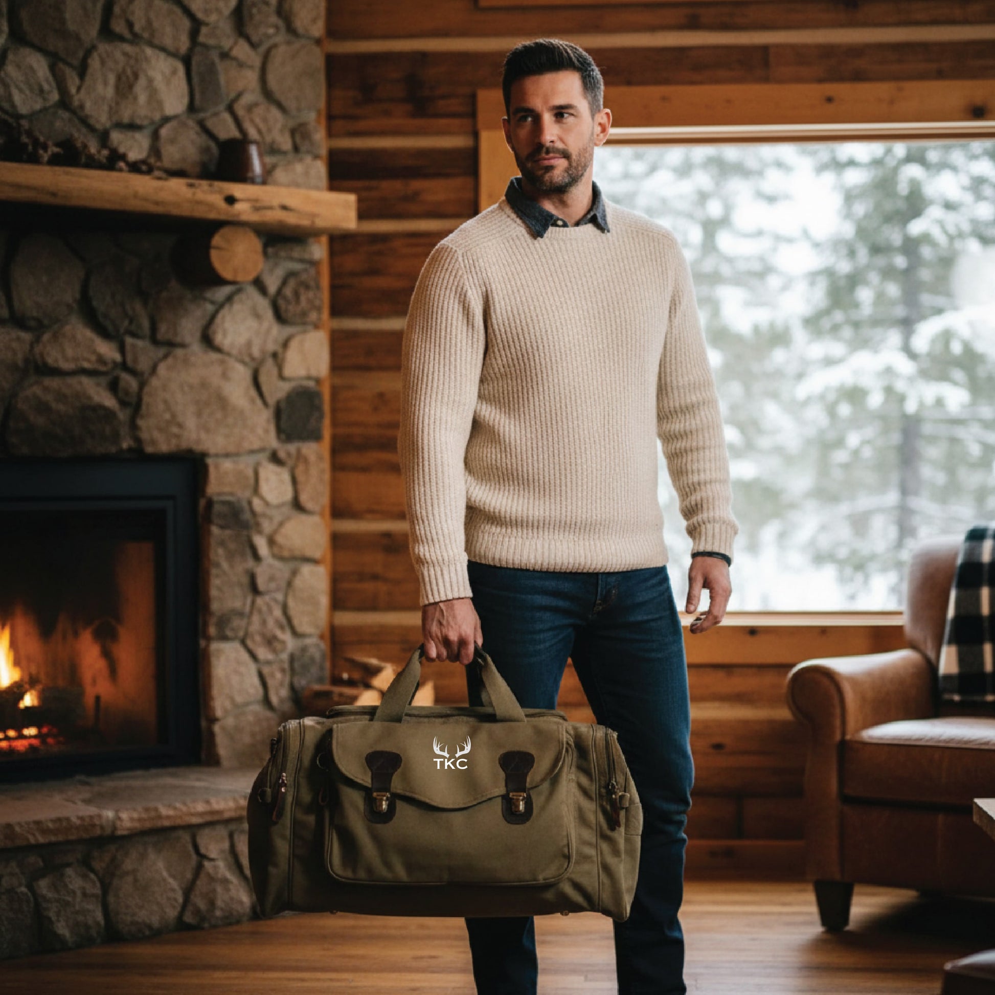 Man holding olive drab canvas duffle bag with embroidered antler and monogram design in rustic cabin setting with fireplace