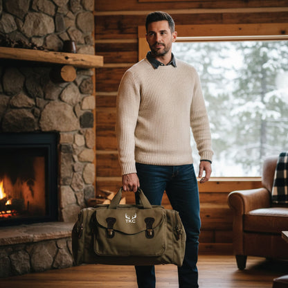 Man holding olive drab canvas duffle bag with embroidered antler and monogram design in rustic cabin setting with fireplace