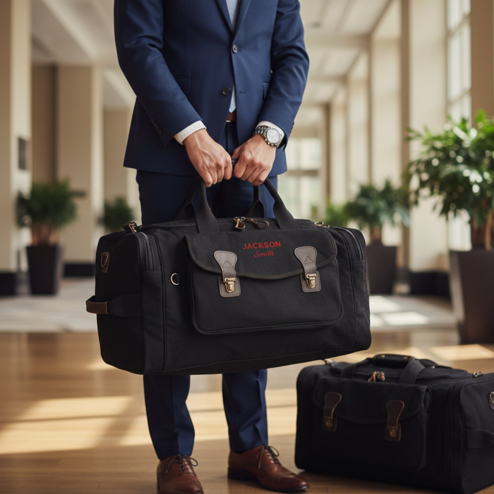 Man in navy suit holding black canvas duffle bag with personalized "JACKSON Smith" embroidery and brown leather handles in modern hallway setting.
