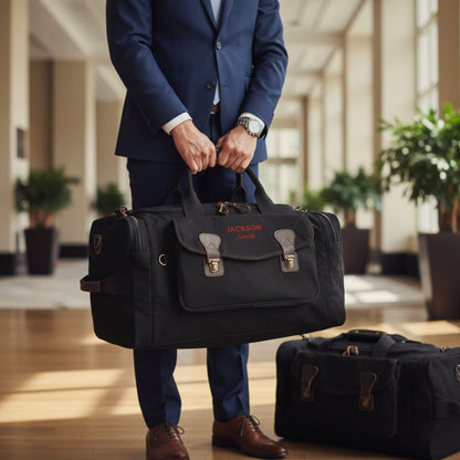 Man in navy suit holding black canvas duffle bag with personalized "JACKSON Smith" embroidery and brown leather handles in modern hallway setting.