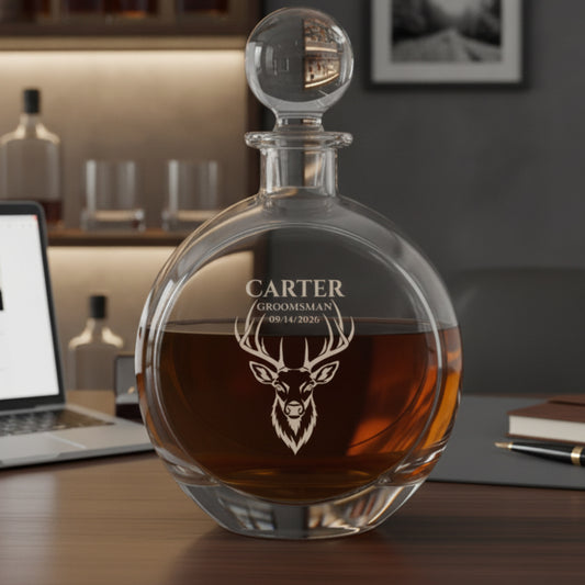 Engraved decanter with deer head design and sample personalization reading "Carter Groomsman 09/14/2026," filled with amber liquid and spherical stopper