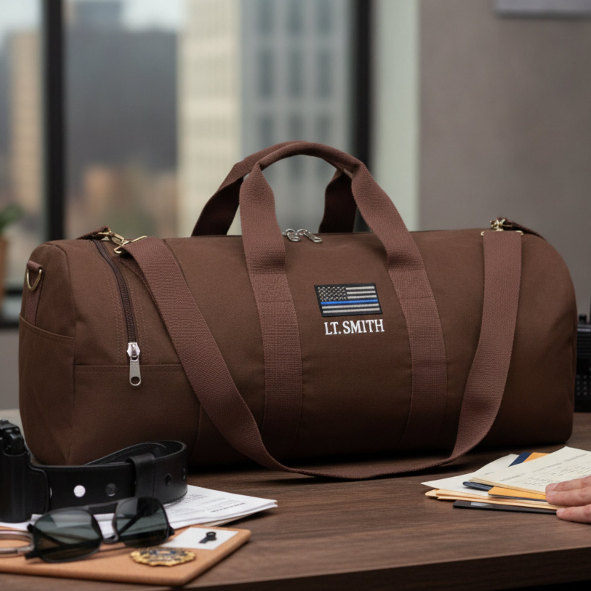 Brown canvas duffle bag with sample personalization reading "LT.SMITH" and thin blue line flag emblem on front panel, displayed on desk with city skyline in background.