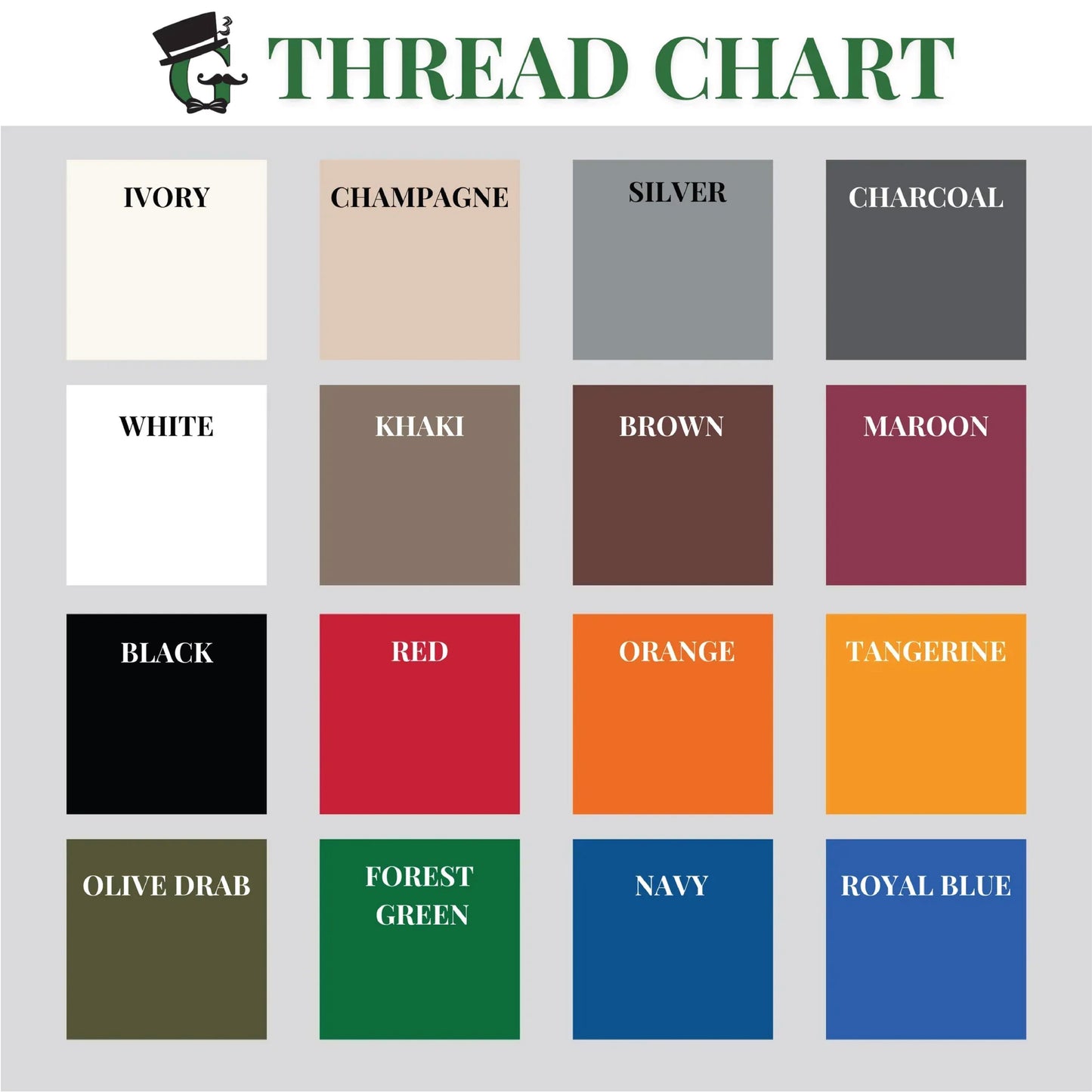 Thread color chart showing 16 personalization options including ivory, champagne, silver, charcoal, white, khaki, brown, maroon, black, red, orange, tangerine, olive drab, forest green, navy, and royal blue.
