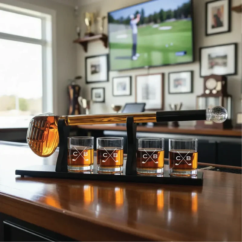 Personalized whiskey decanter set with golf club handle and four engraved glasses displaying sample monogram on wooden desk.
